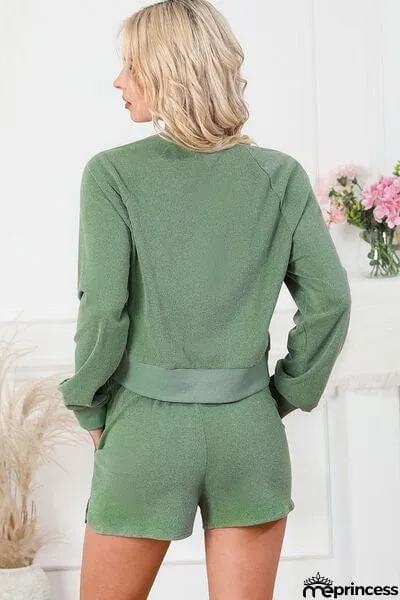 Round Neck Long Sleeve Top and Drawstring Shorts Lounge Set