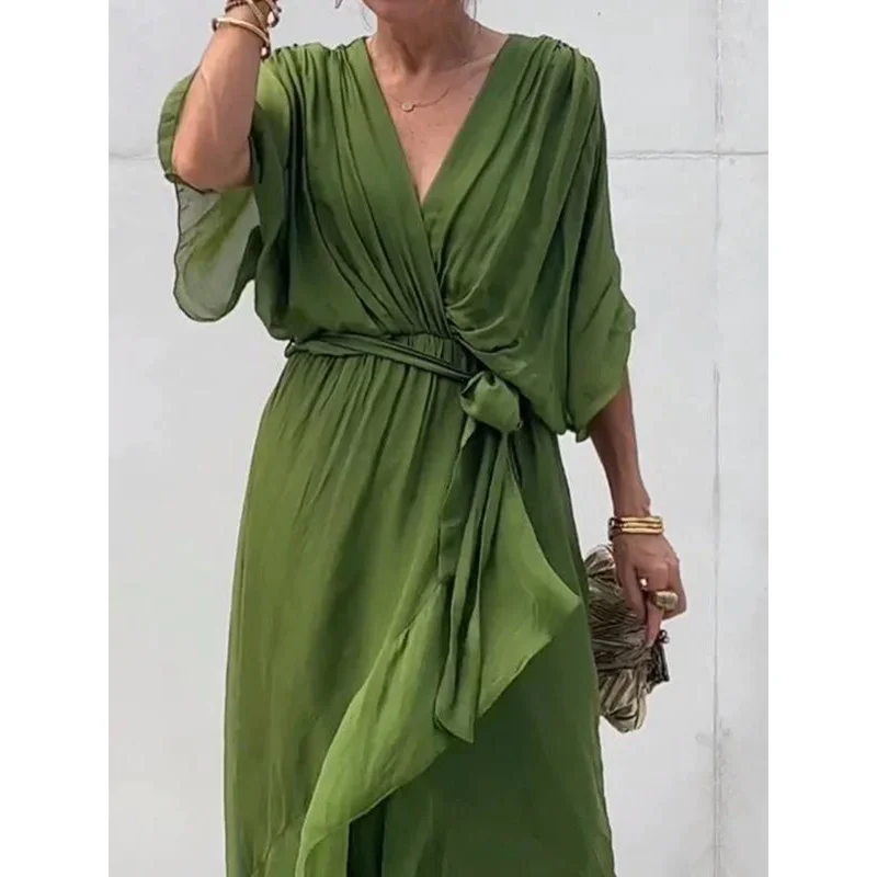 Uveng Uveng New Women's Solid Color With Long Skirt Bat Sleeve Irregular Dress Large