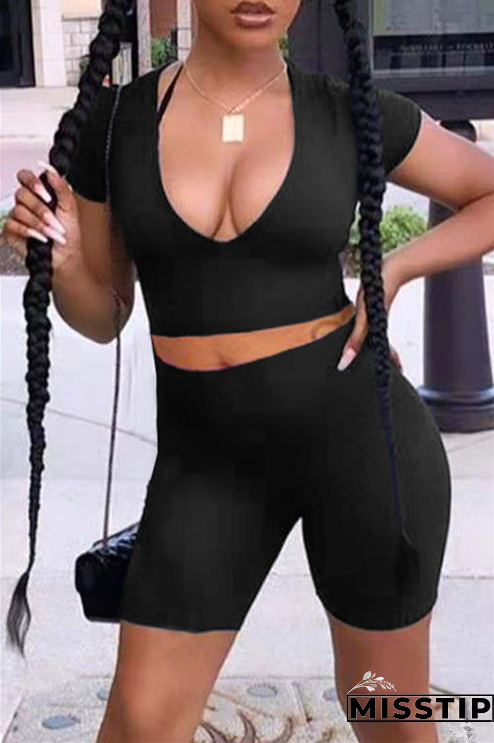 Orange Fashion Casual Solid Basic V Neck Short Sleeve Two Pieces