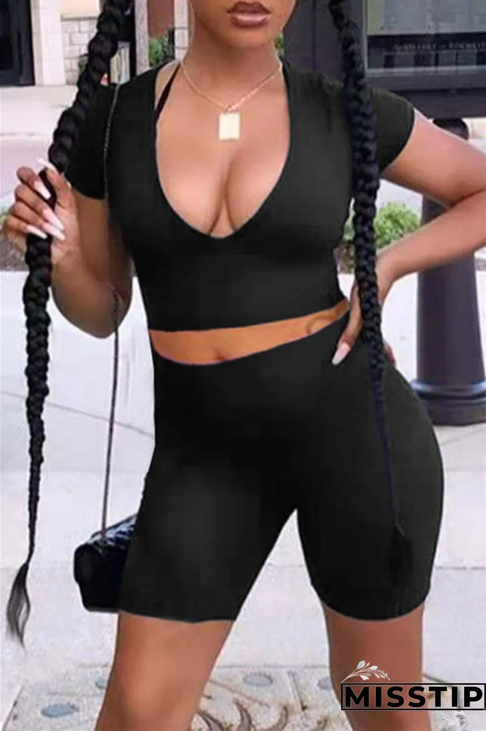 Orange Fashion Casual Solid Basic V Neck Short Sleeve Two Pieces