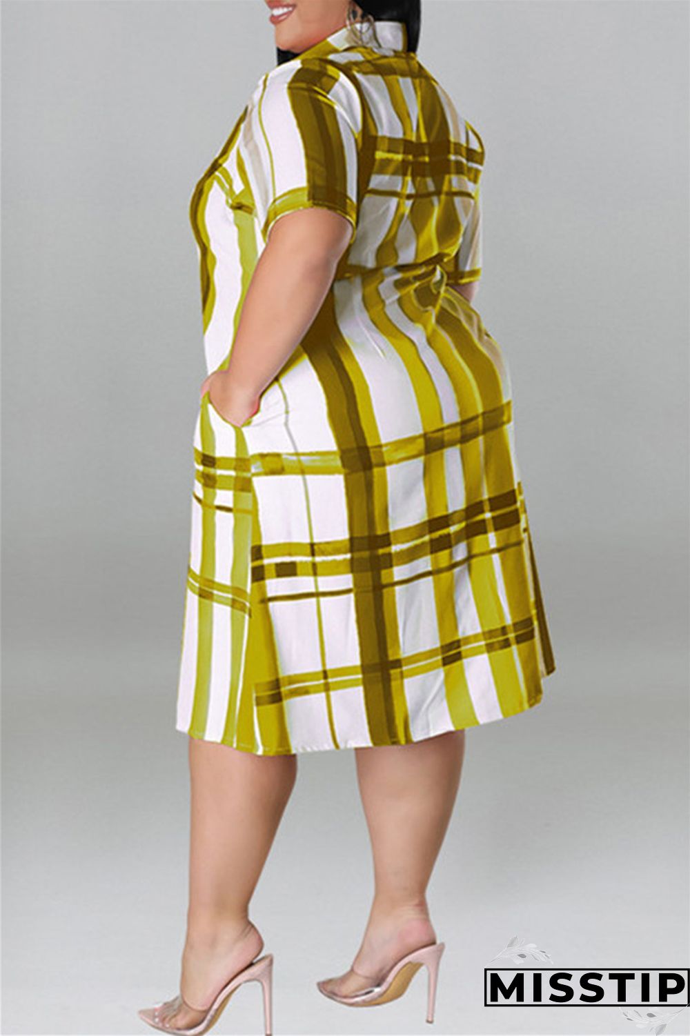 Blue Fashion Casual Plus Size Plaid Print Patchwork Turndown Collar Shirt Dress