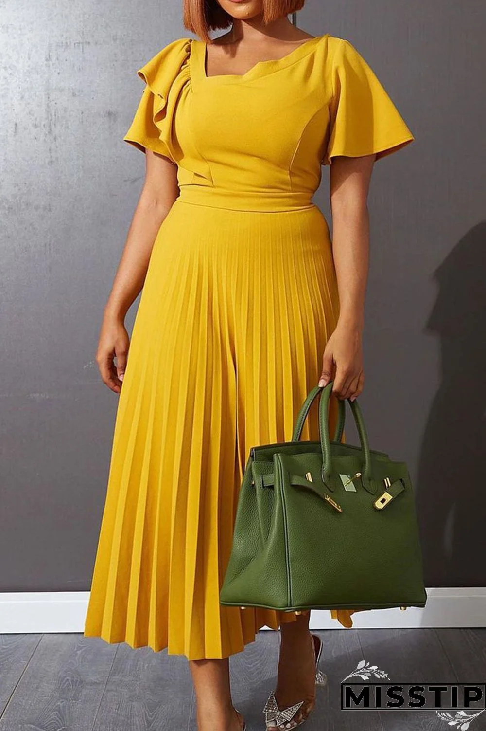 Green Casual Solid Patchwork Flounce Fold Asymmetrical Collar Straight Dresses