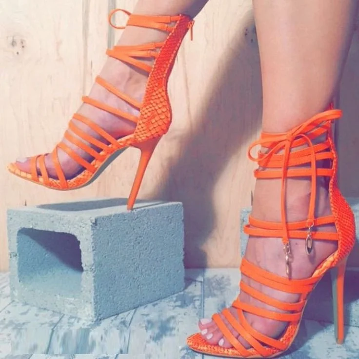 Women's Orange Strappy Sandals Zipper Stiletto Heels |FSJ Shoes