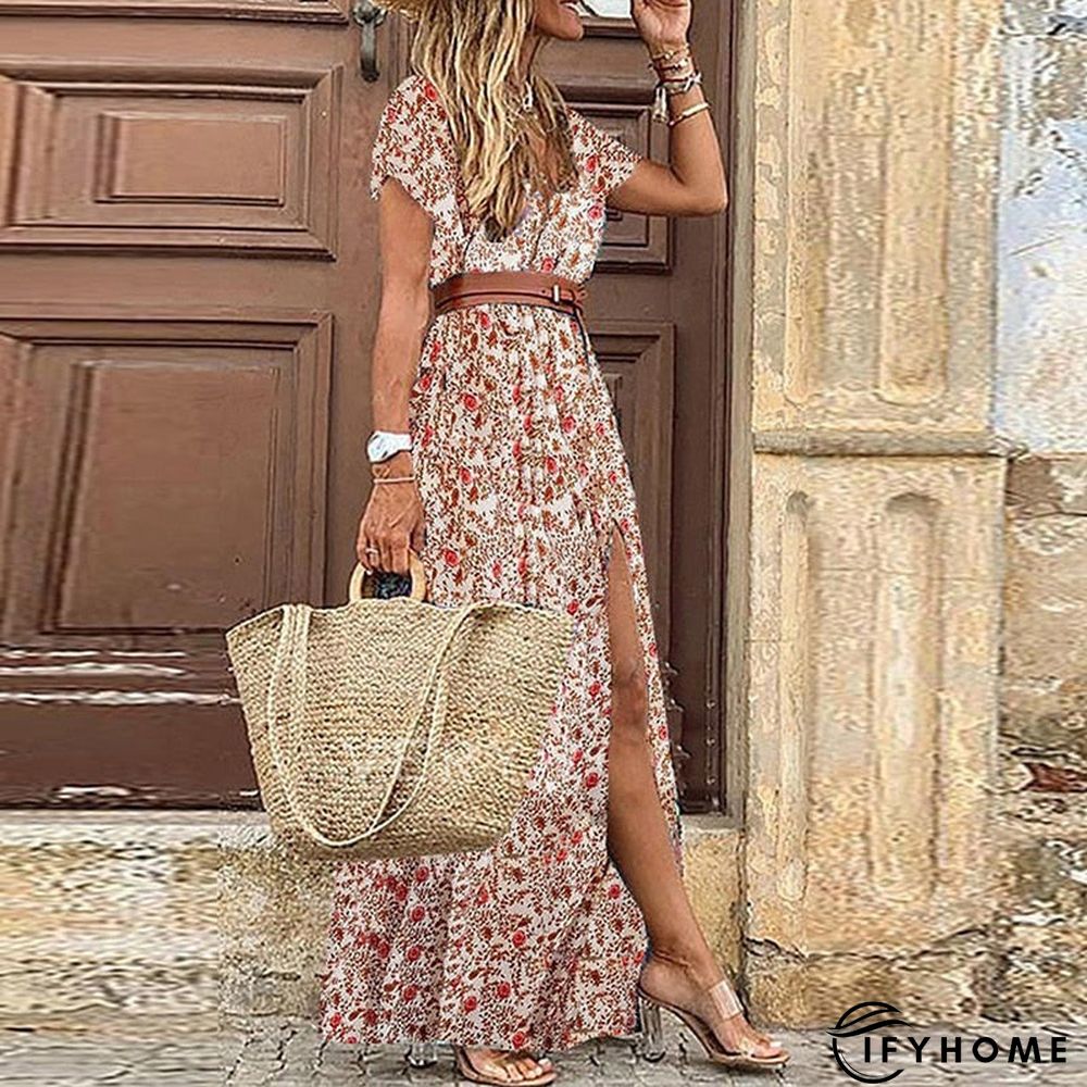 Fashionkova  Boho Long Dress For Women Fashion V Neck Short Sleeve Paisley Print Dresses Summer Belt Large Hem Beach Dress Elegant Maxi Dress | IFYHOME