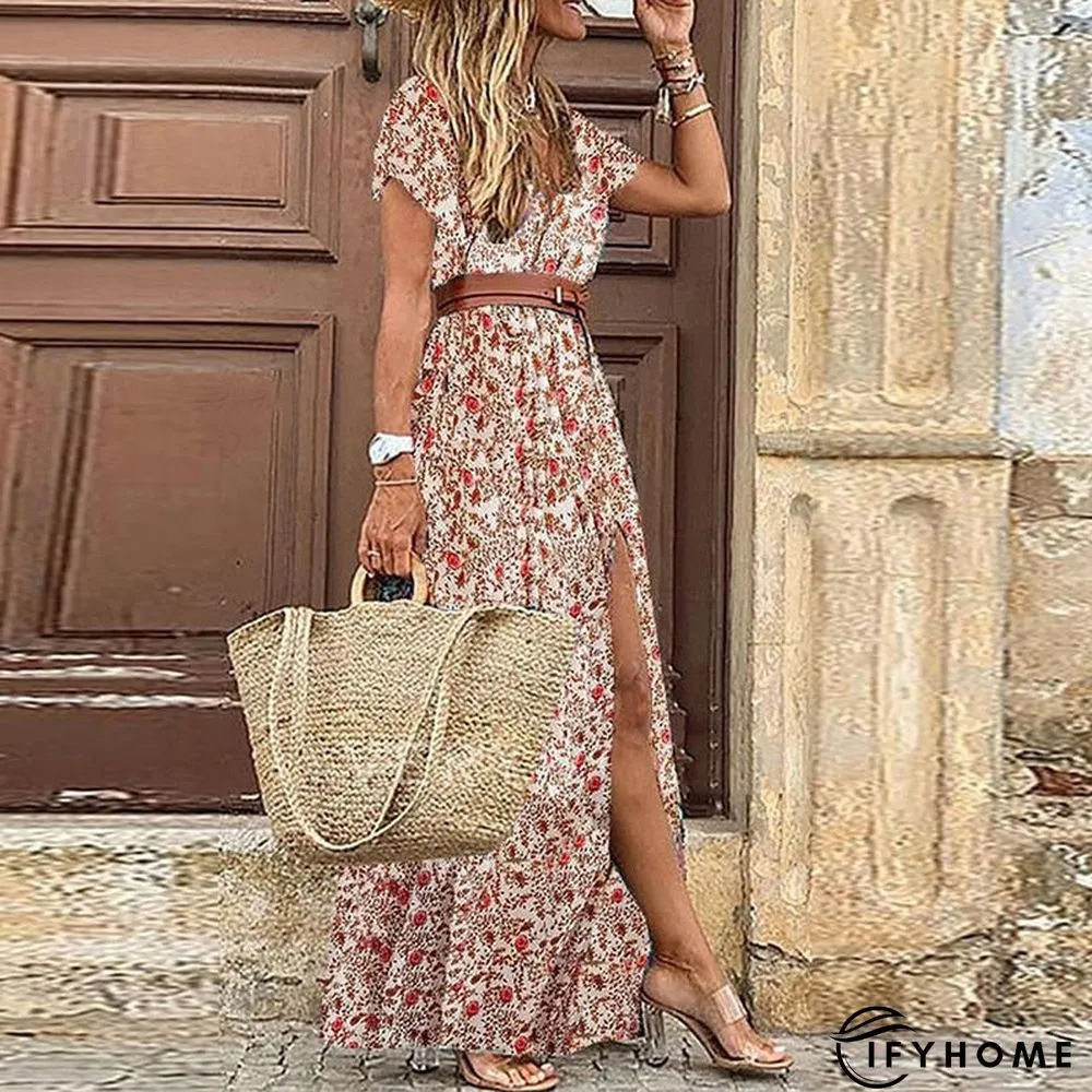 Fashionkova  Boho Long Dress For Women Fashion V Neck Short Sleeve Paisley Print Dresses Summer Belt Large Hem Beach Dress Elegant Maxi Dress | IFYHOME
