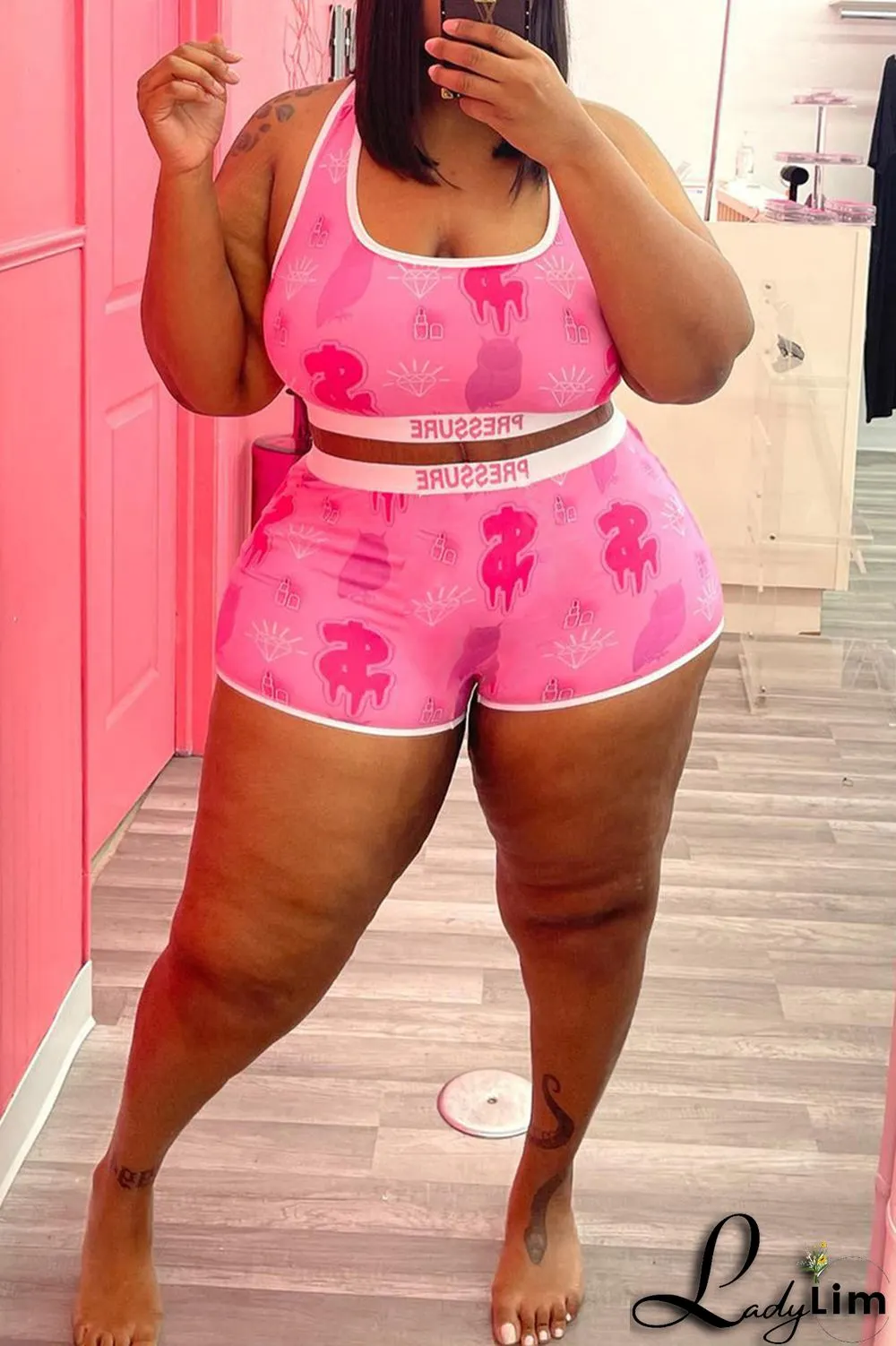 Pink Fashion Casual Print Basic U Neck Plus Size Two Pieces