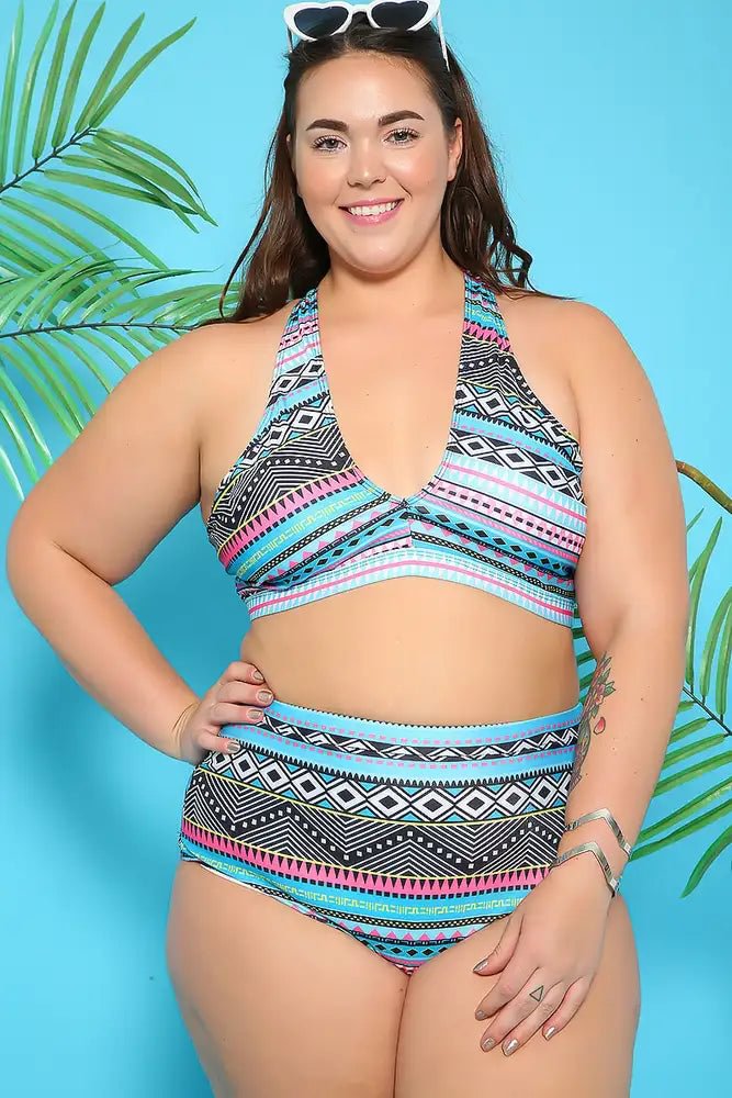 SEXY TEAL BLACK PATTERN PRINT TWO PIECE PLUS SIZE SWIMSUIT