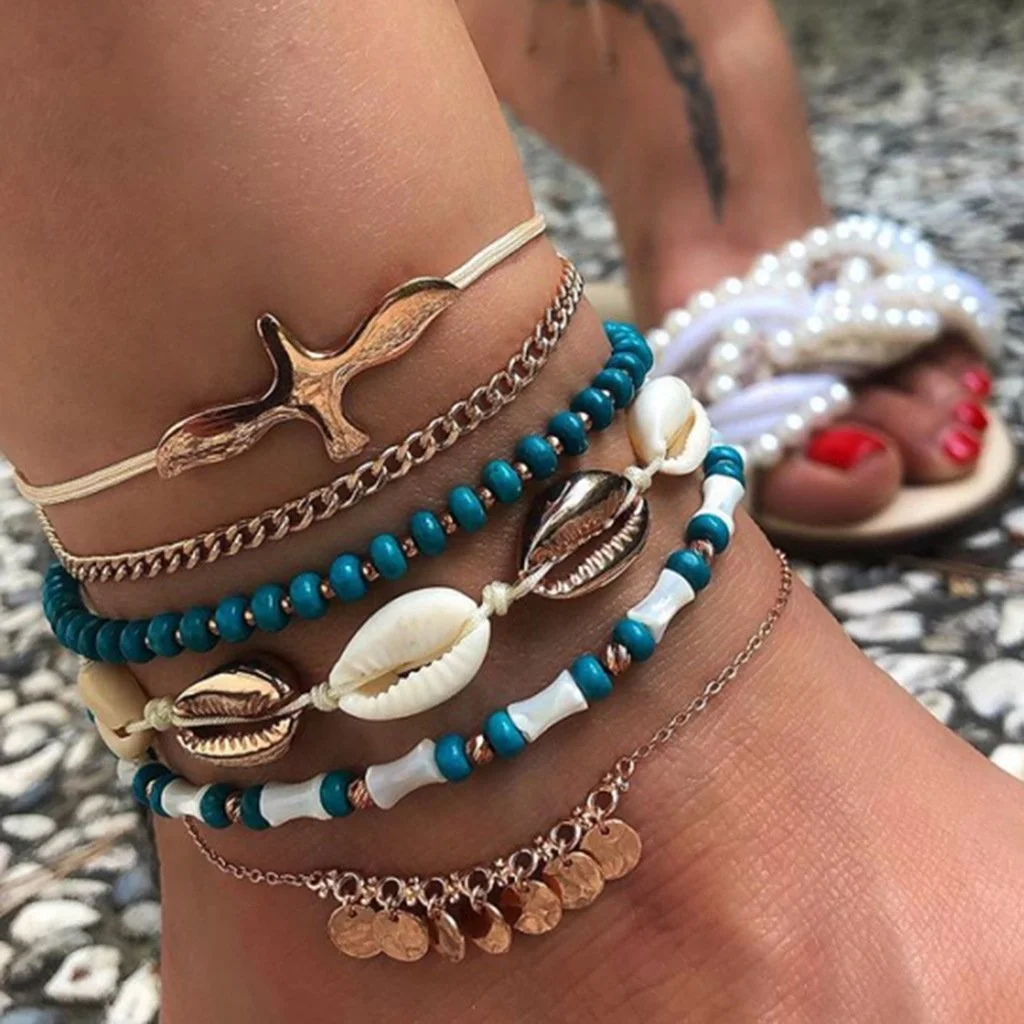 6-Piece Bohemian Geometric Disc Beaded Shell Multilayer Anklet Wholesale Cheap Jewelry