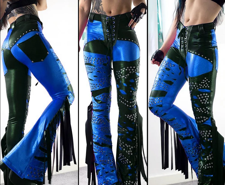 BLUE/BLACK HEAVY RIVETED FRINGE FLARES