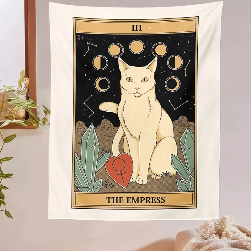 Tarot Card Tapestry Boho Tapestry Wall Hanging Cat Mysterious Divination Witchcraft Beach Moon phase Mat Decor Cat Coven
