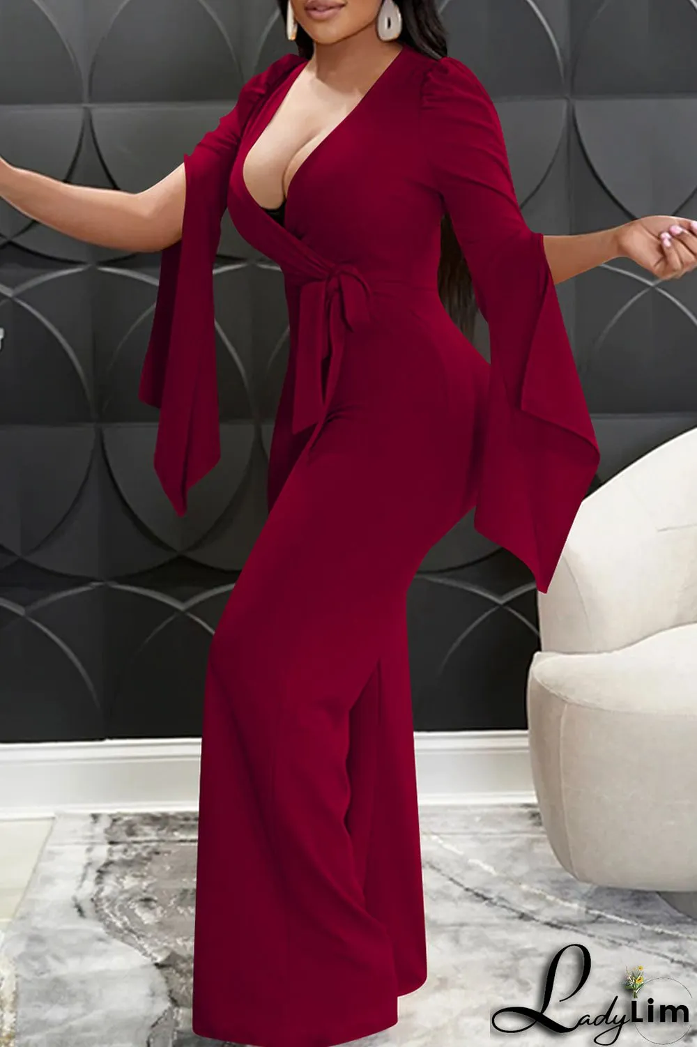 Blue Fashion Casual Solid Bandage Slit V Neck Regular Jumpsuits