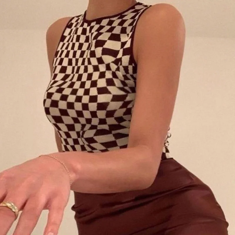 HEYounGIRL Plaid Knitted Crop Tank Tops Women Summer Vintage Sleeveless Cropped Top Tees Koreank Casual Knitwear Streetwear