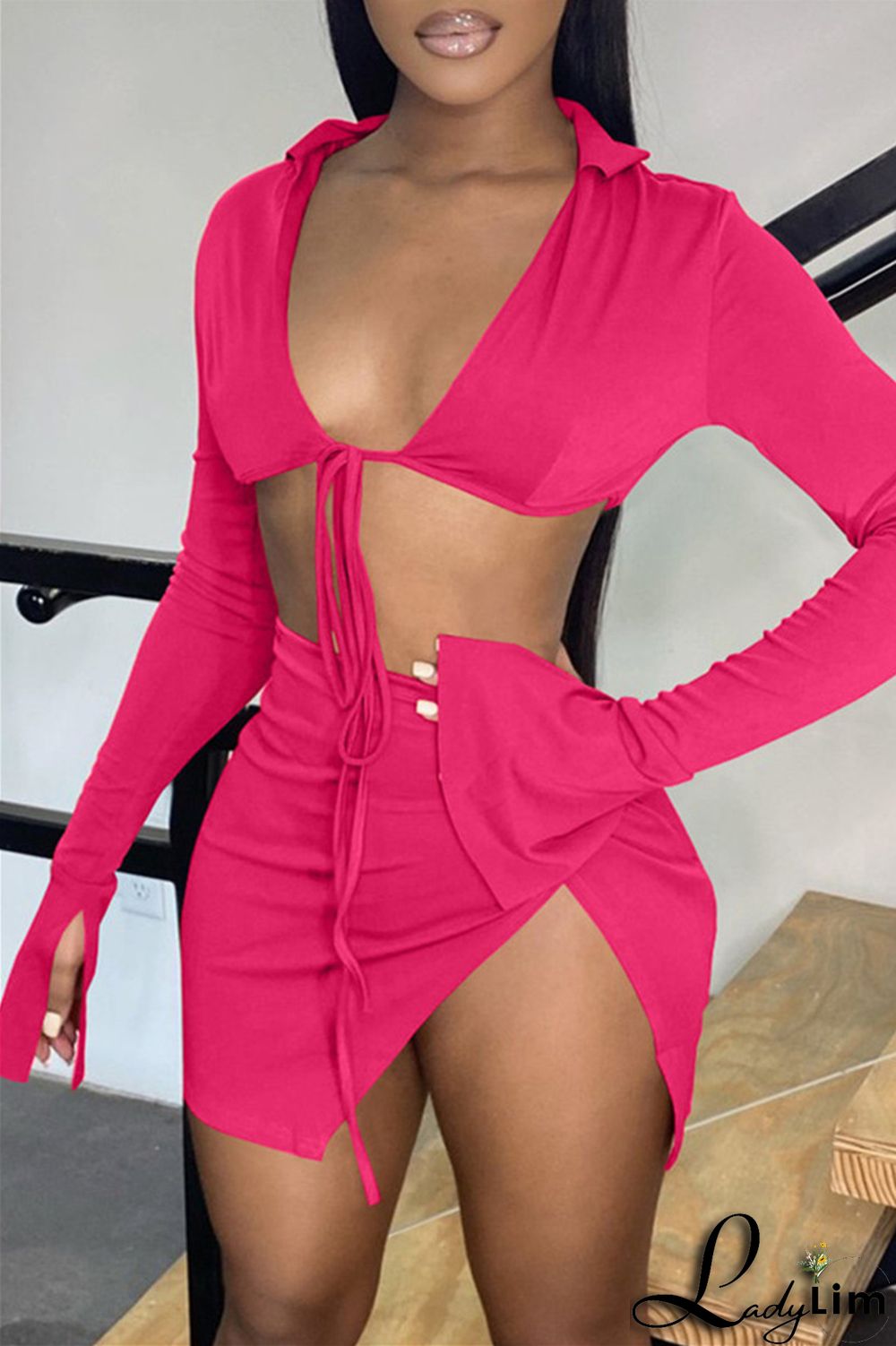 Yellow Fashion Sexy Solid Bandage Slit V Neck Long Sleeve Two Pieces