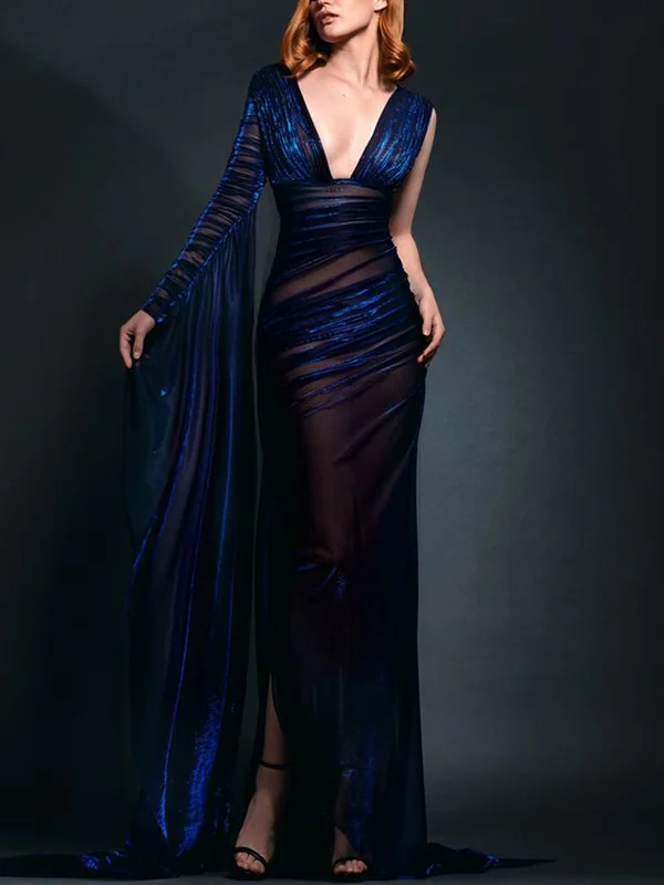 V-neck Mesh Solid Color Maxi Dress