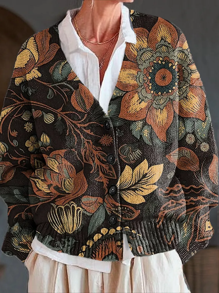 Vintage Ethnic Floral Art Print Buttoned V-neck Cardigan Sweater