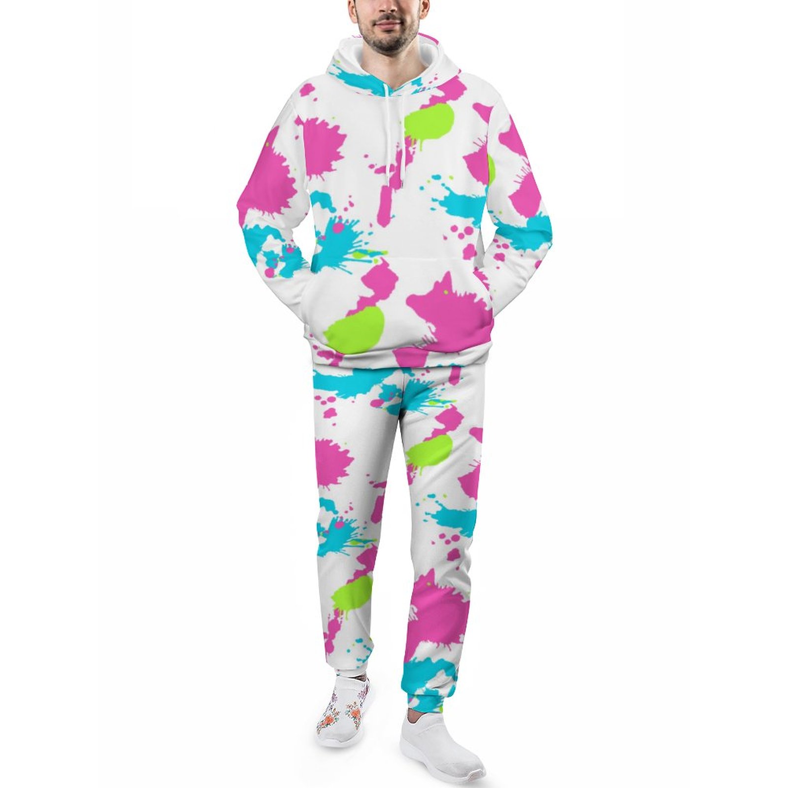 Abstract Retro 80S Neon Paint Splatter Colorful Men's Tracksuit 2 Piece Hoodie Sweatsuit Sets Casual Jogging Athletic Suits
