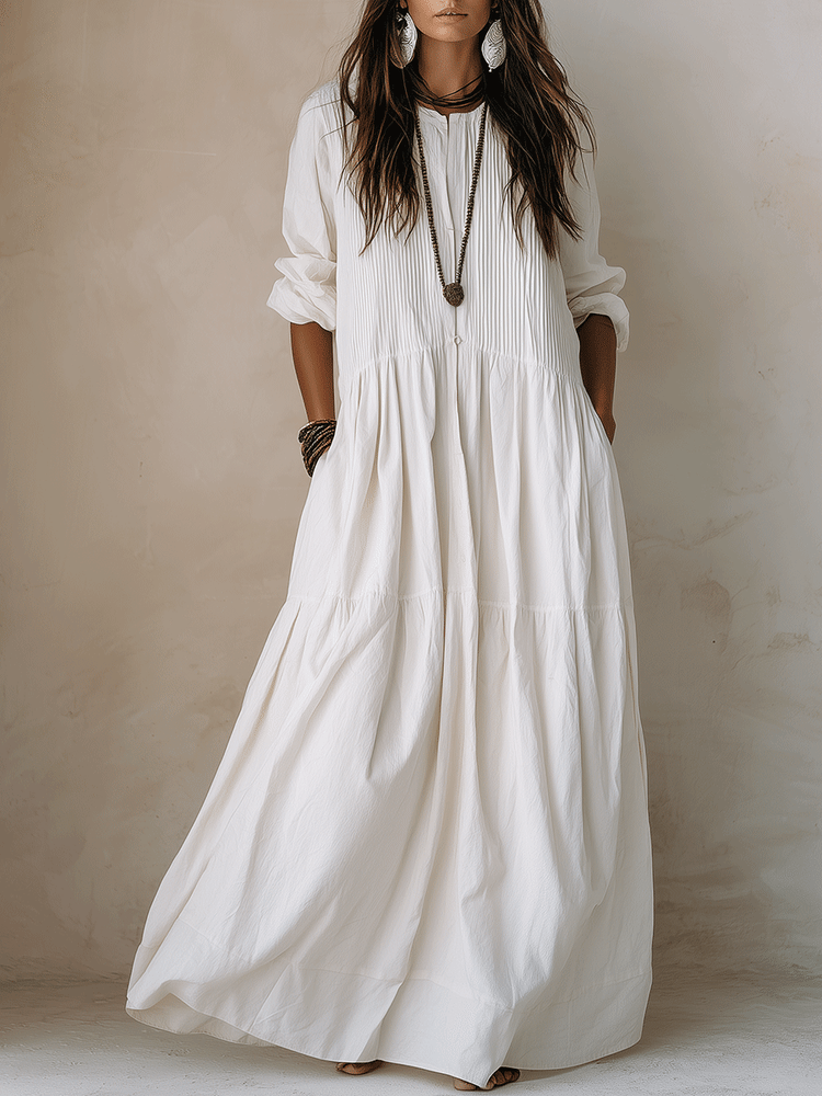 Coastal Chic Soft Cotton Oversized Off-White Smock Maxi Dress