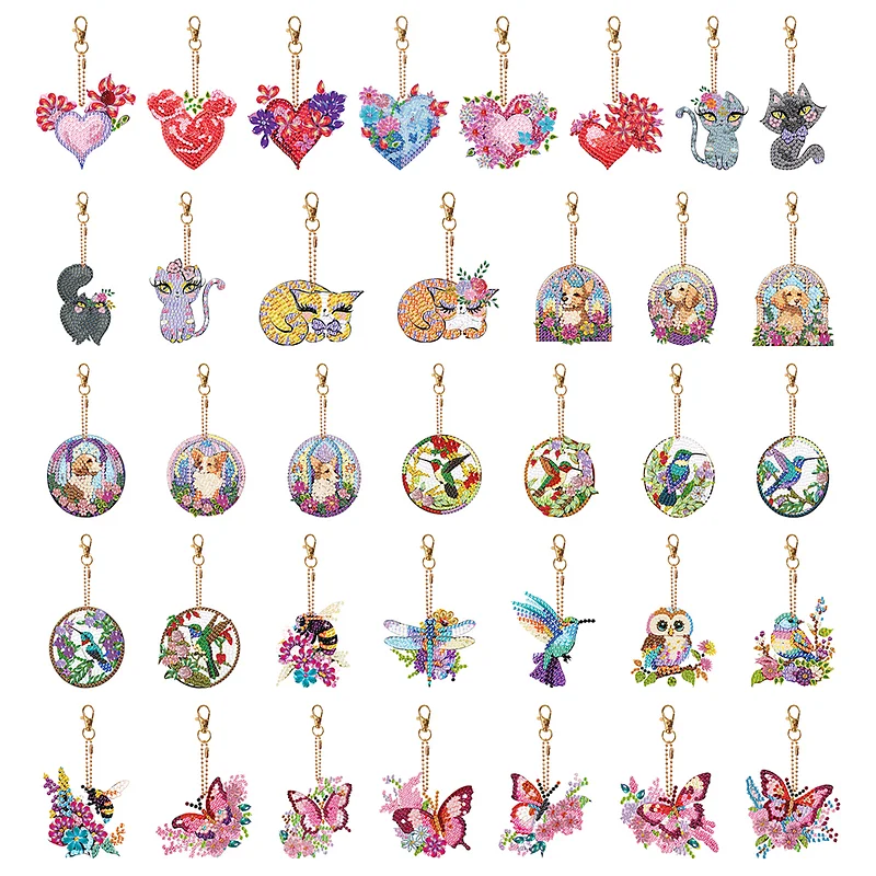 14 Pcs Valentines Day Rainbow Double Sided Diamond Painting Art Keychain  Pendant