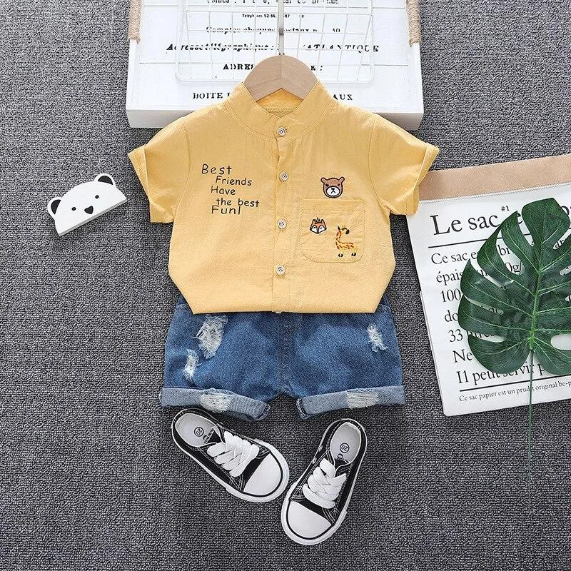 Toddler Summer Short Outfits Fashion Boys Girls Clothing 1 2 3 4 5 Years Kids Shirt + Denim Hole Shorts Baby Daily Clothes