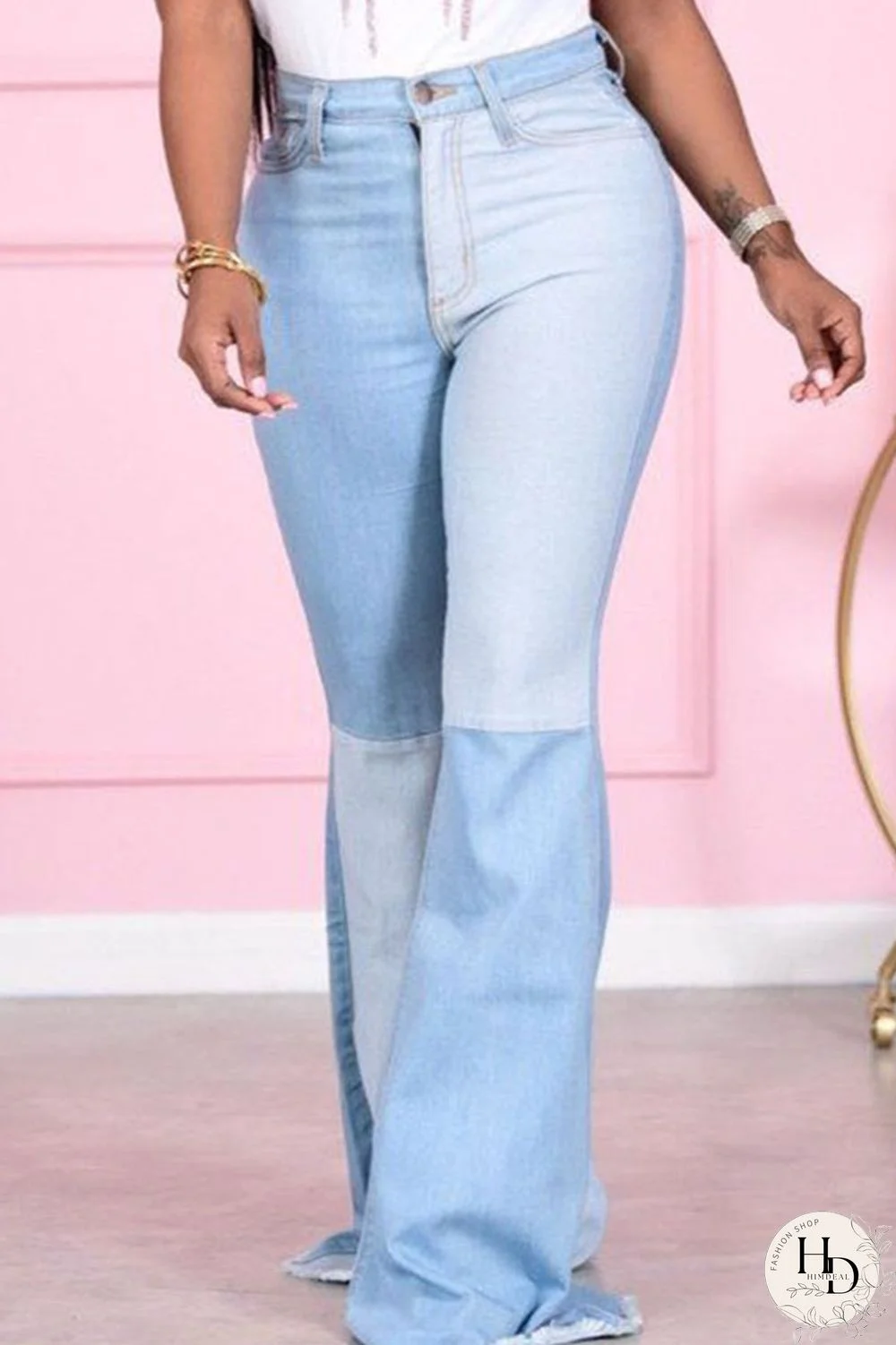 Baby Blue Street Solid Tassel Split Joint Mid Waist Regular Denim