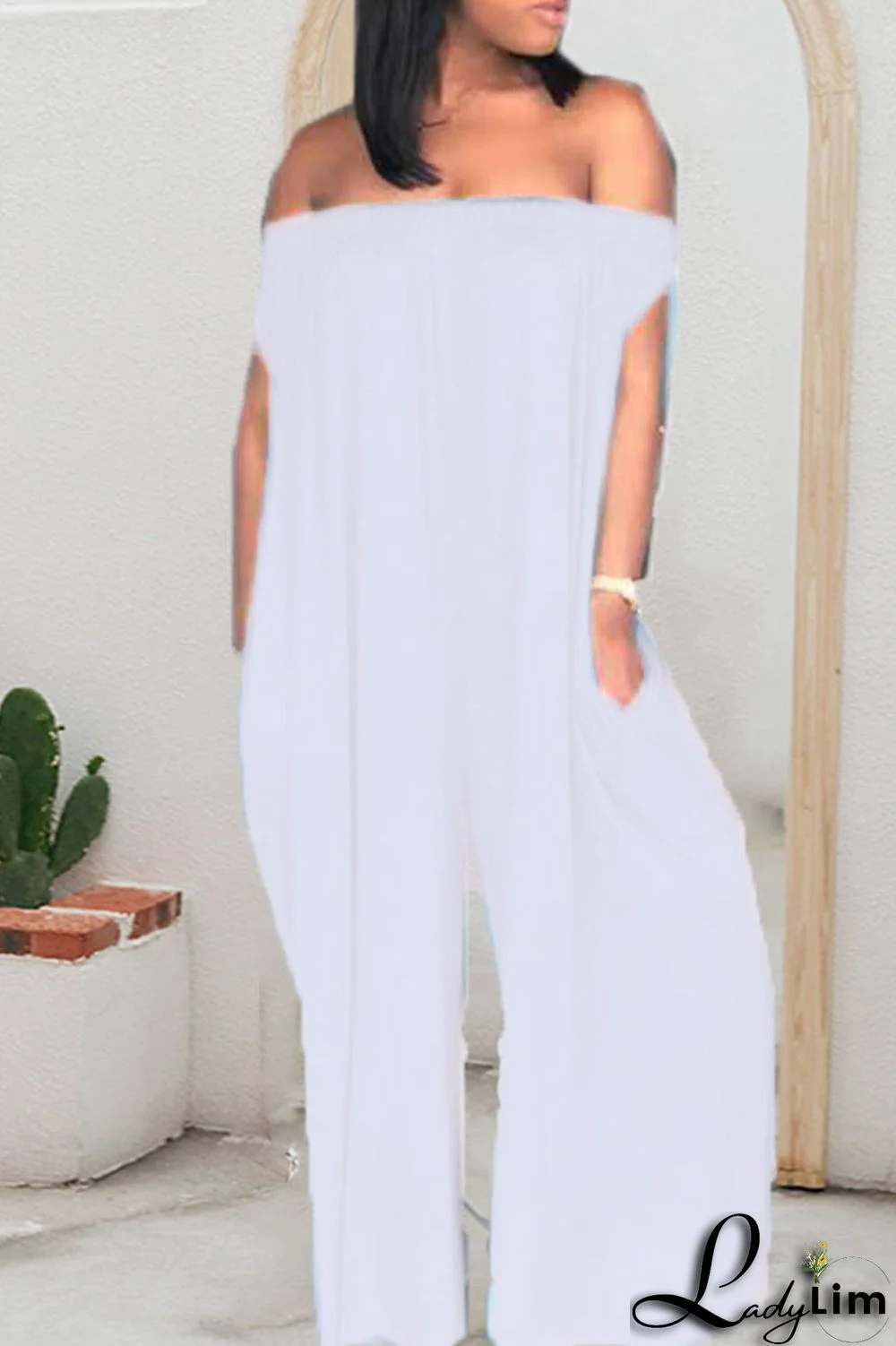 White Casual Solid Patchwork Off the Shoulder Straight Jumpsuits