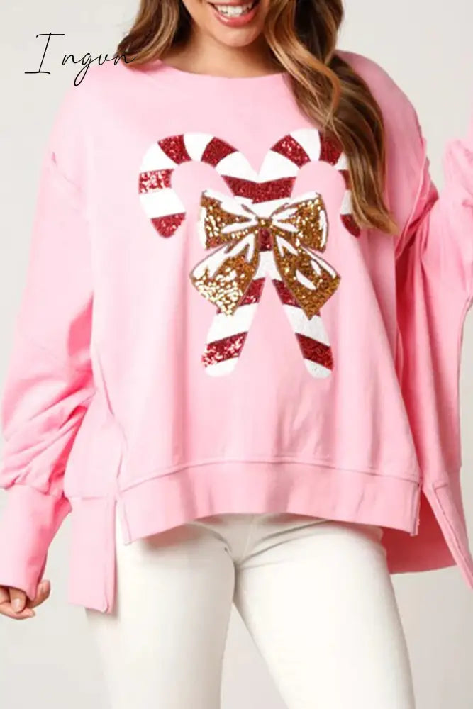 Ingvn - Casual Solid Sequins Printing O Neck Tops Pink / S Tops/Sweats & Hoodies