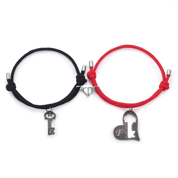 Couple Heart Matching Key Pendant Bracelet Custom Letter Engraved Pendant Stainless Steel Bracelet Personalized Gift for Him/Her