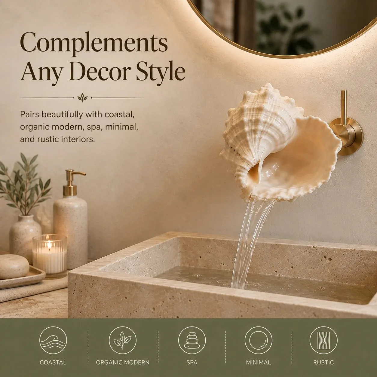 Shell faucet styled with different bathroom decor styles