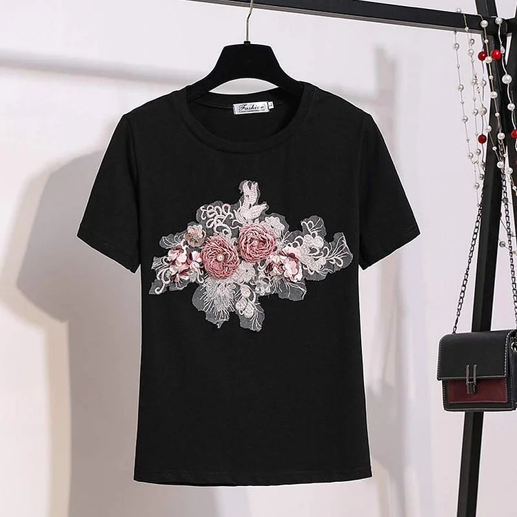 3D Blossom Embroidery Round Collar T-Shirt - Modakawa modakawa