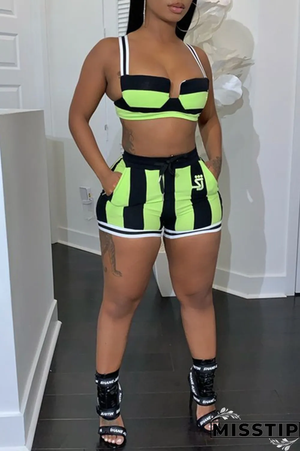 Fluorescent Green Fashion Sexy Striped Print Backless Spaghetti Strap Sleeveless Two