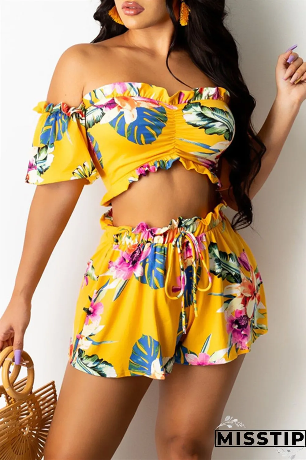 White Fashion Casual Print Backless Off the Shoulder Short Sleeve Two Pieces