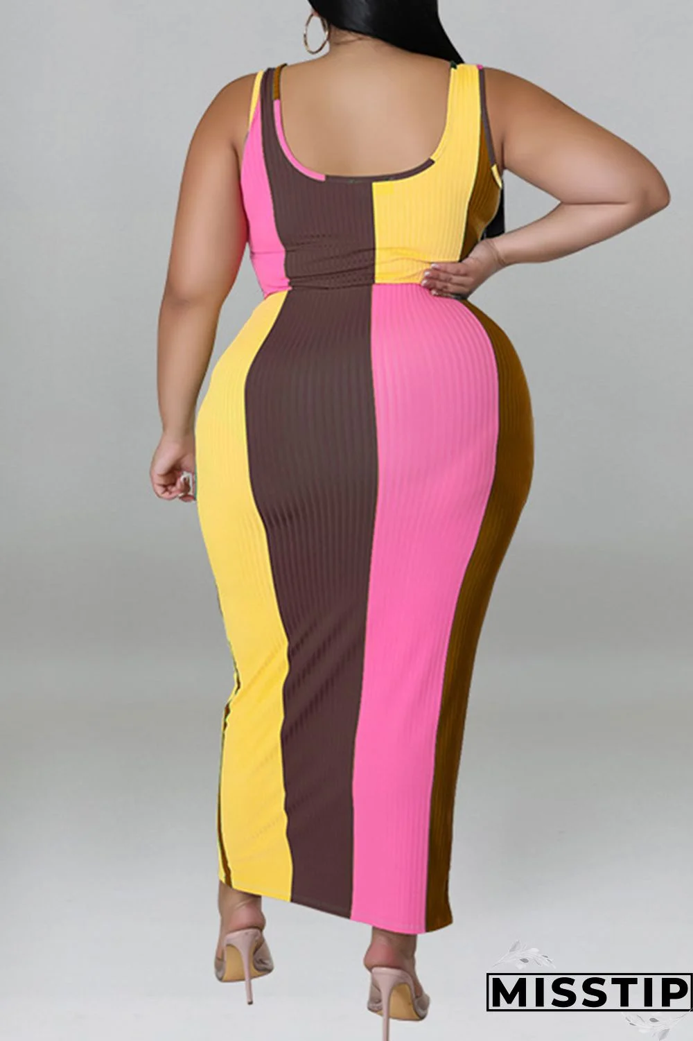 Blue Fashion Casual Striped Print Patchwork Contrast U Neck Plus Size Two Piece Set