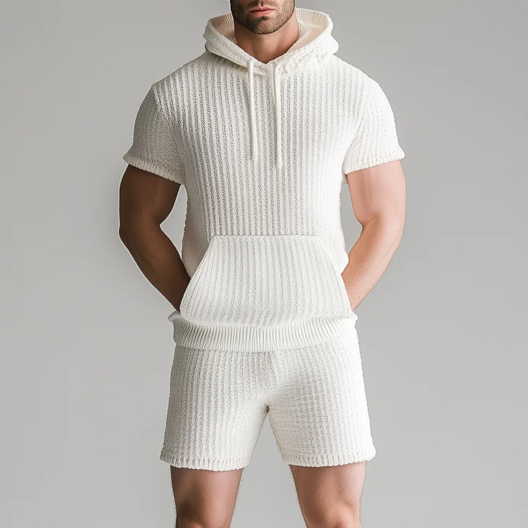 Okaywear Solid Knitted Short Sleeve Hoodie & Shorts 2Pcs Set Okaywear