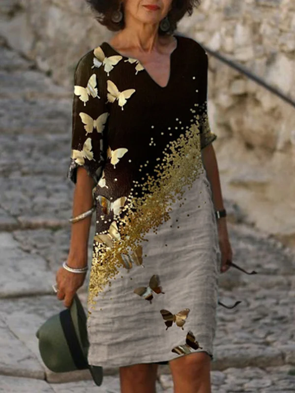 Fashion V-neck Short-sleeved Butterfly Print Dress