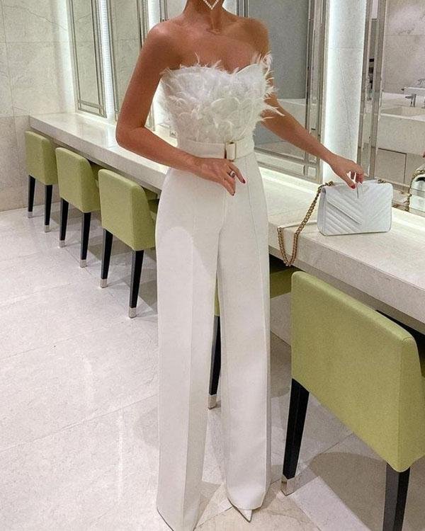 Women Formal Feather Decor Sleeveless Wide Leg Jumpsuit