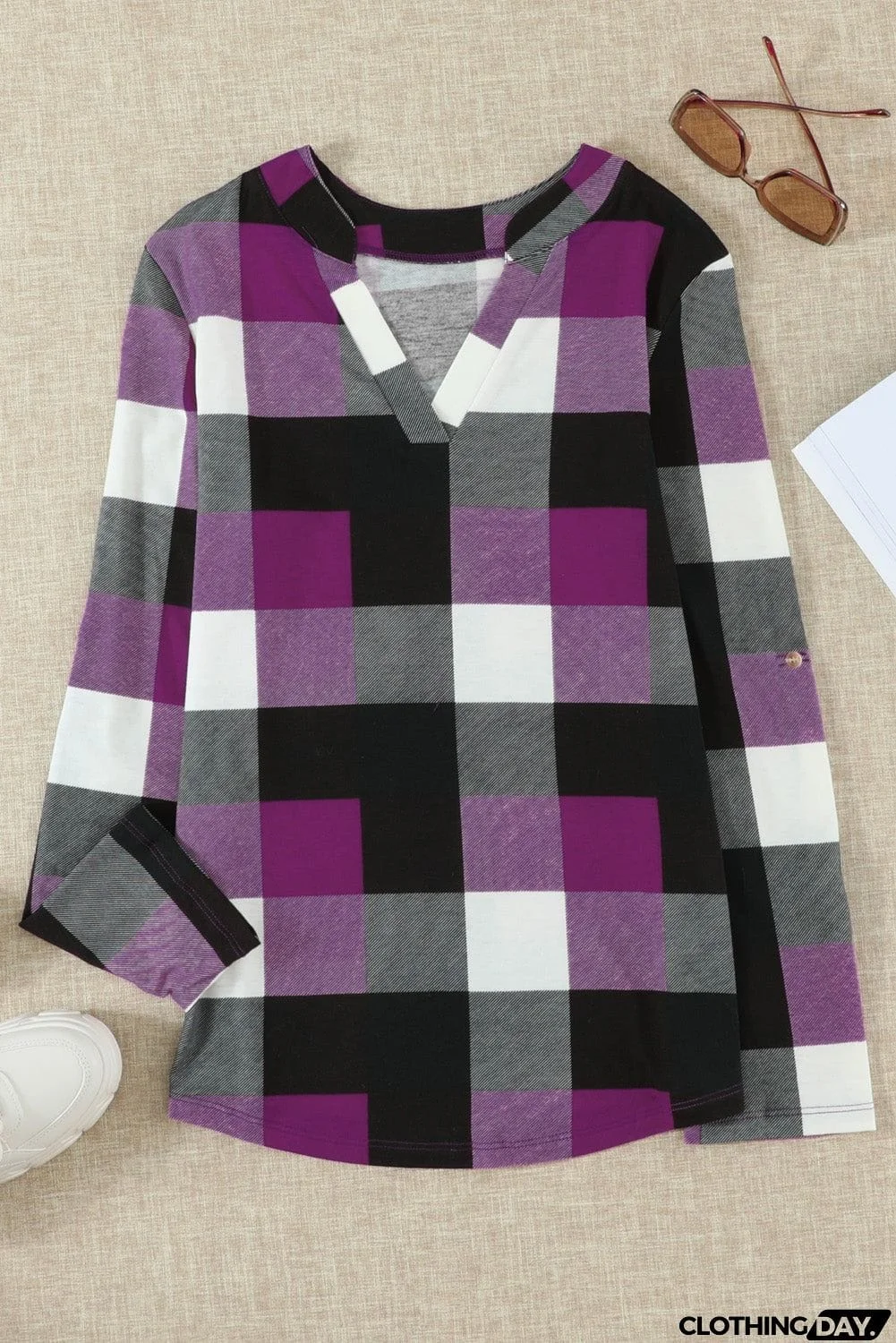 Contrast Plaid V Neck Long Sleeve Top