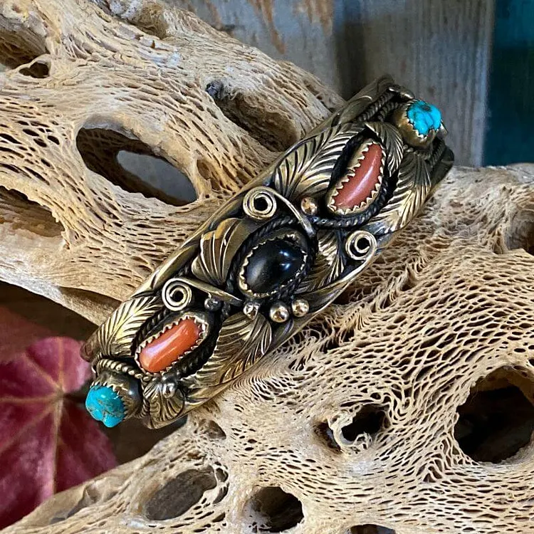 Navajo Gold Over Sterling Silver Appliqu&eacute; Bracelet with Gemstones Signed