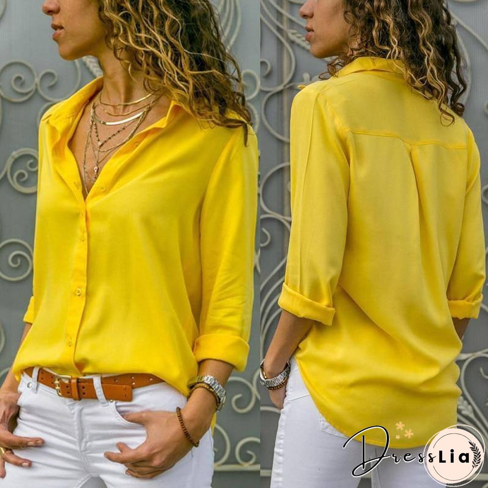 Women Blouses Basic Selling Button Solid Fashion Long Sleeve Office Shirt Leisure Blouse Shirt Casual Slim Plus Size Tops