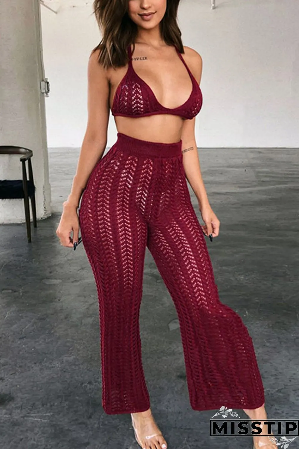 Khaki Sexy Fashion HOLLOWED OUT Solid crop top Bandage Slim fit Two Piece Suits asymmetrical Str