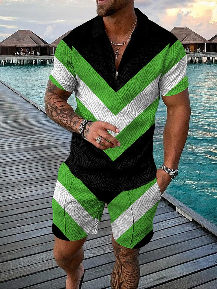 Men's Contrasting Colors Zip Polo Shirt and Shorts Two-Piece Suits