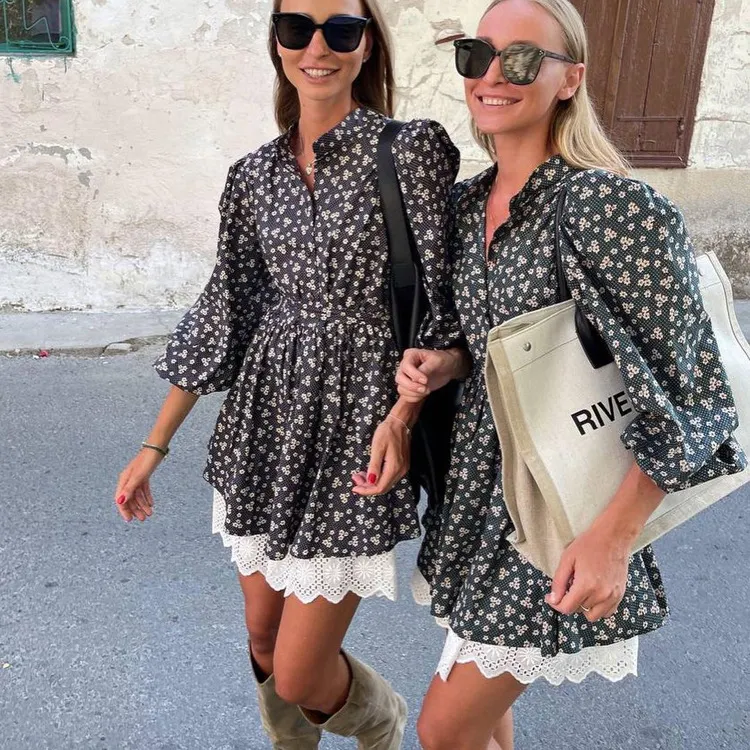 Churchf Churchf 2023 Women's French Elegant Bubble Sleeve Floral Dress Women's Standing Collar Waist Long Sleeve A-Line Skirt