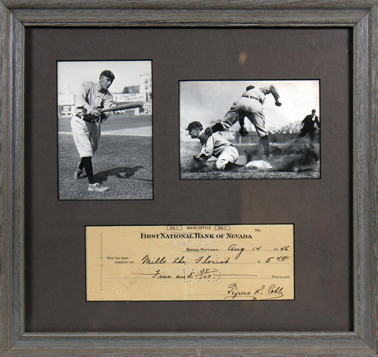 Tigers Ty Cobb Authentic Signed & Framed 3x8 1946 Check Autographed BAS #A40663