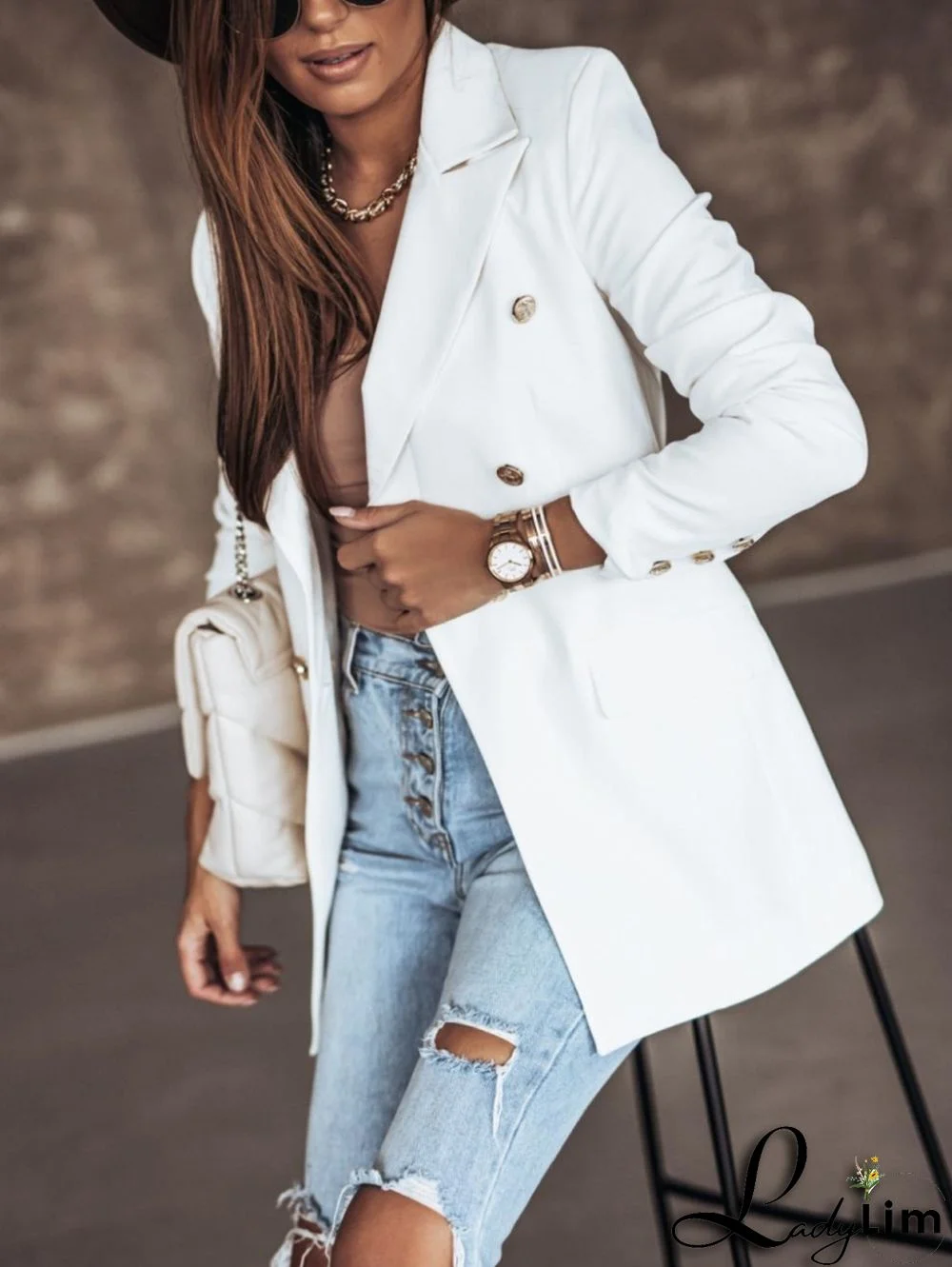 women's autumn and winter solid color long-sleeved double-breasted blazer jacket