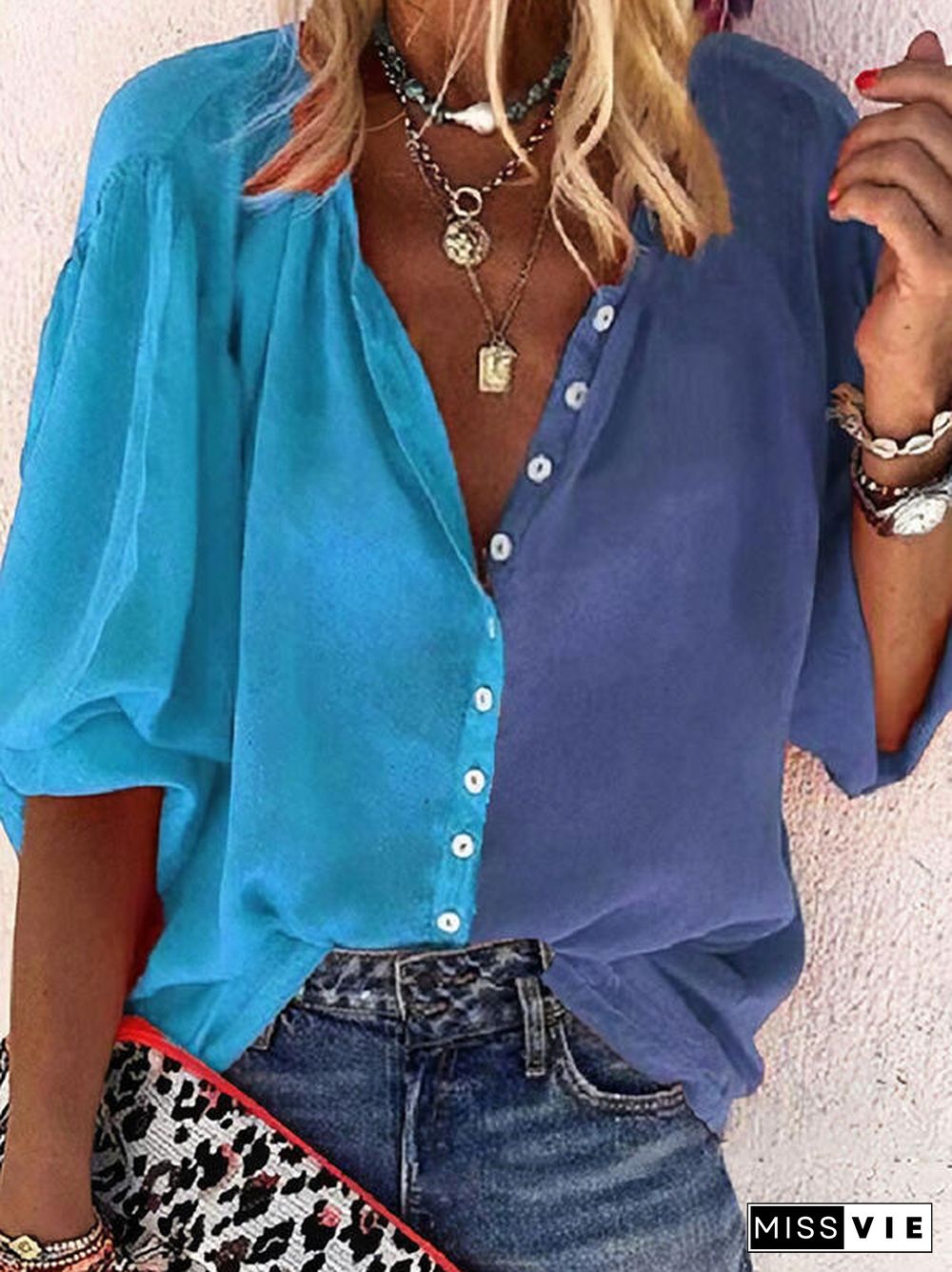 Color-block Casual Half Sleeve Blouse