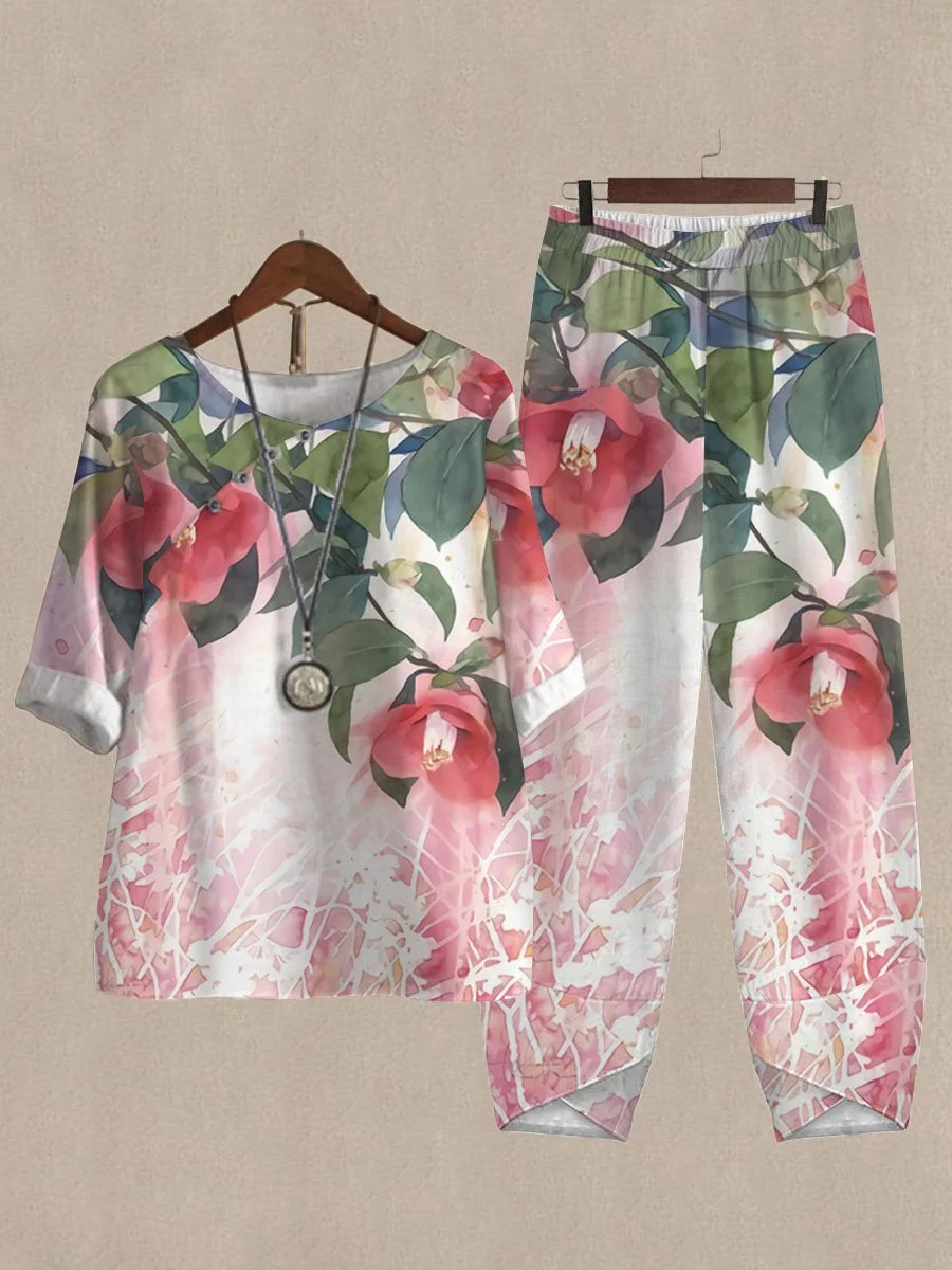 Crew Neck Watercolor Floral Print Top And Pants Two-piece Suits