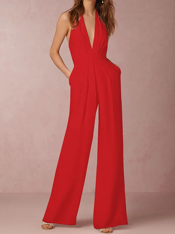 Sleeveless Wide Leg Backless Pure Color Halter-Neck Jumpsuits