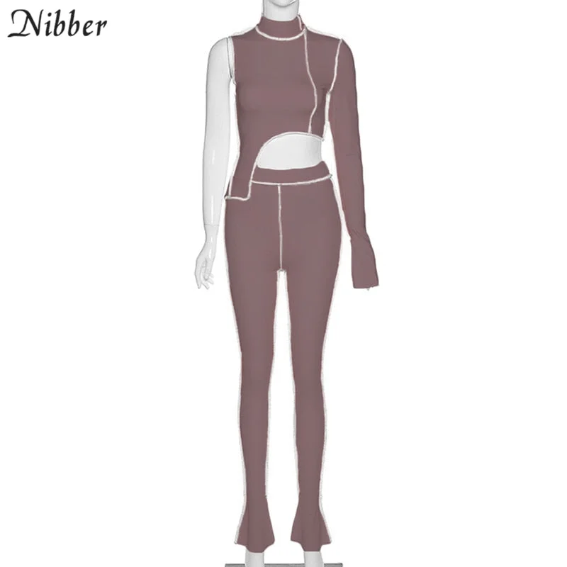 NIBBER Patchwork Casual Women Sporty Active Wear Long Sleeve Asymmetrical Skinny Crop Top And Bodycon Pants two pieces set Basic