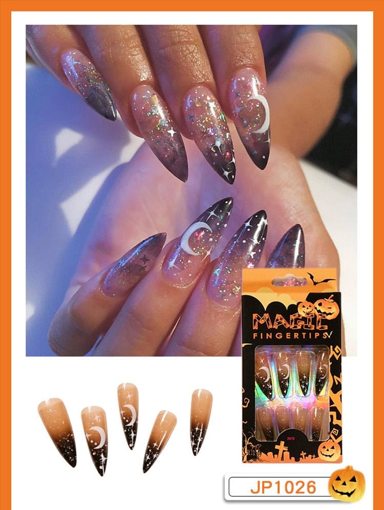 Halloween false nails Grimace Printed Nail Patch Glue Type Removable Long Paragraph Fashion Manicure Fake Nail Patch for girls