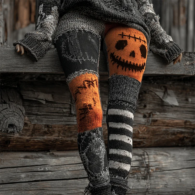 Halloween Stitched Face Contrast Patchwork Cozy Knit Leggings