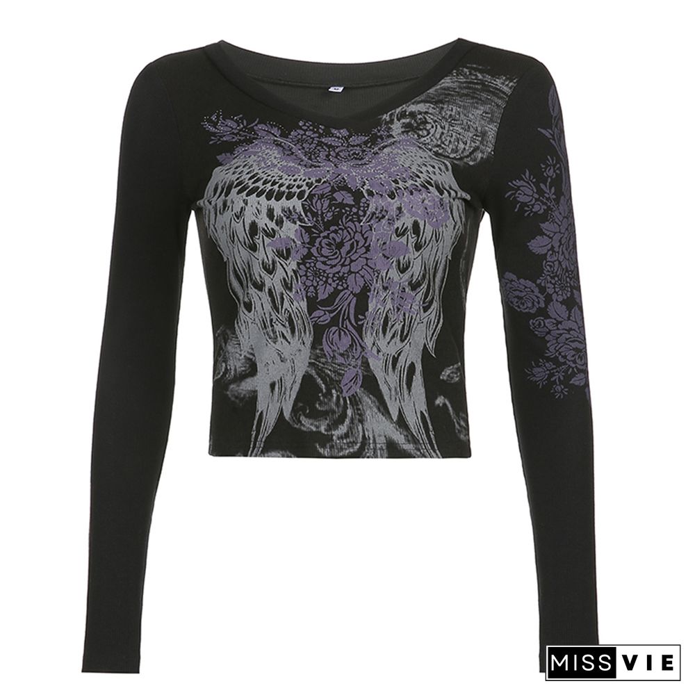 Autumn Spring Women’s Harajuku Vintage Long Sleeve T-shirt Feather Wing Flower Printed Y2K Aesthetic Female Mujer Slim Fit Tops